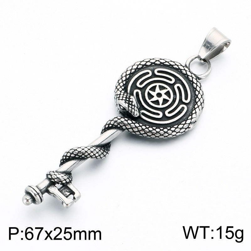 Kemston Stainless Steel Snake Wrap Rune Key Pendant Necklace for Men Gothic Labyrinth Symbol Key Charm KP118633-LU