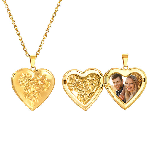 Stainless Steel Rose Heart Photo Locket Necklace – Custom Engraved Keepsake Jewelry for Women PN-2093