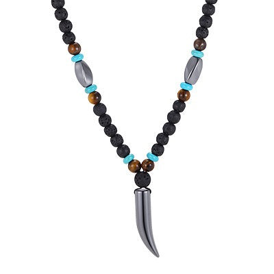 Kemston Wolf Fang Pendant Necklace for Men Stainless Steel Lava Stone Beaded NC-3019