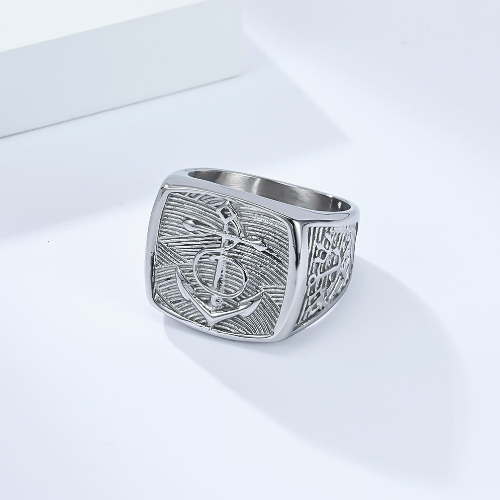 Kemston Nautical Anchor Ship Wheel Ring for Men Stainless Steel Vintage Marine Style K-R1054