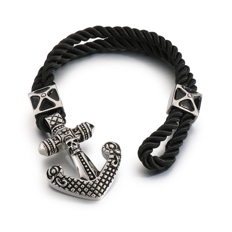 Kemstone Titanium Steel Leather Bracelet for Men Vintage Dragon Tiger Anchor Clasp KB87977-BD