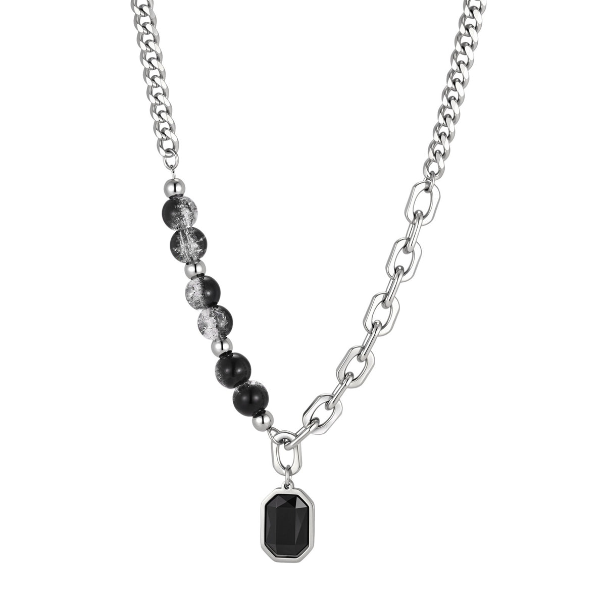 Kemstone Black Glass Necklace for Men Mixed-Link Beaded Chain NC-3269