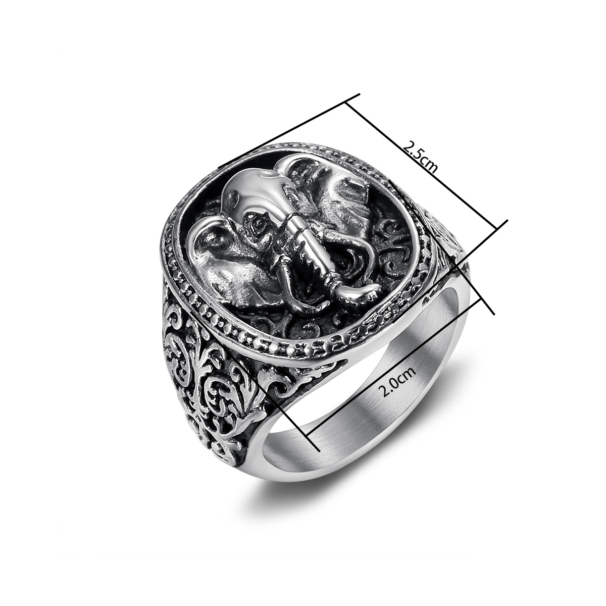 Kemstone Elephant Signet Ring for Men Stainless Steel Vintage Engraved TR0398