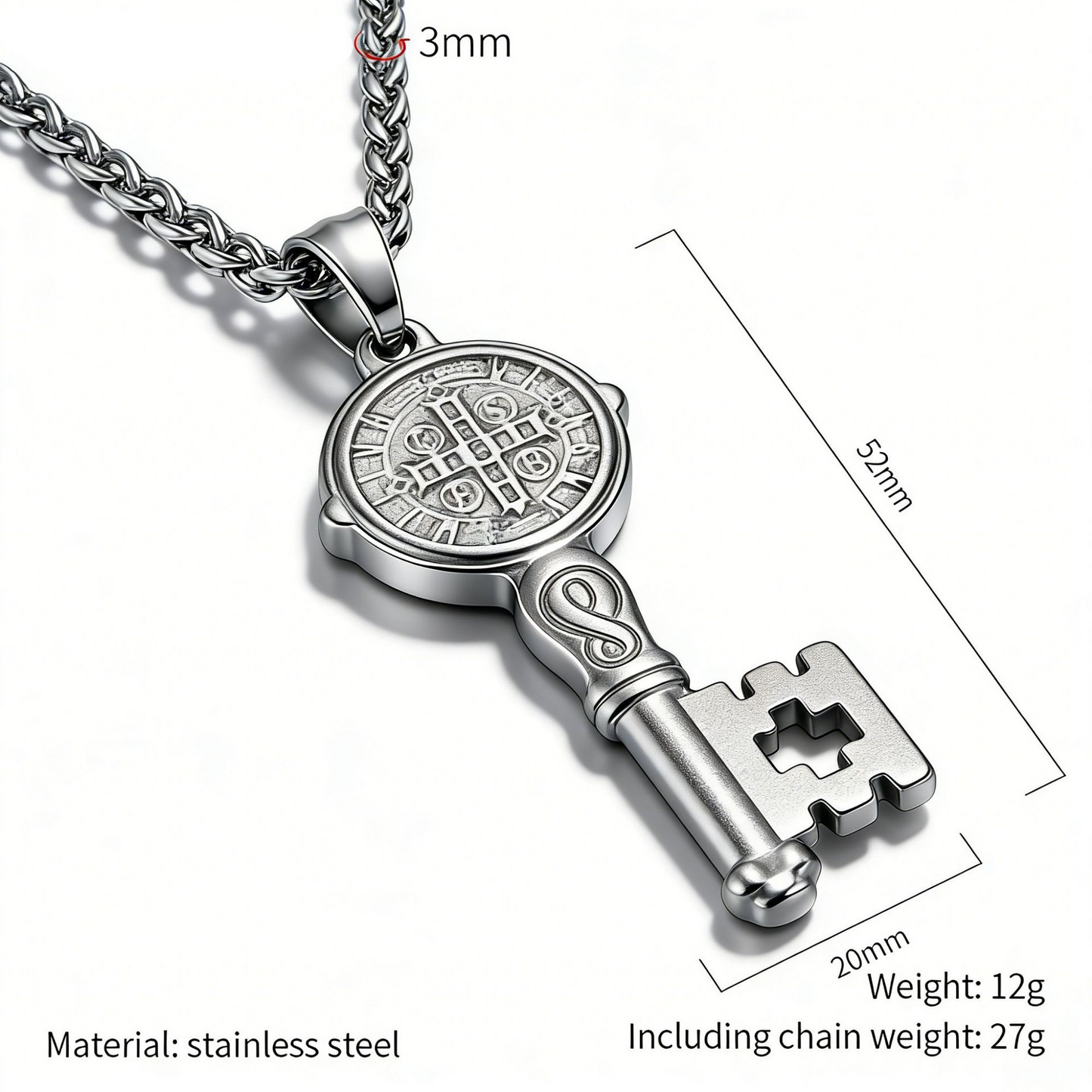 Kemstone Stainless Steel St. Benedict Key Pendant Necklace for Men K-PT537