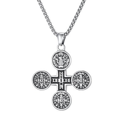 Kemston Engraved Cross Pendant Necklace for Men Stainless Steel Round Vintage PN-2409