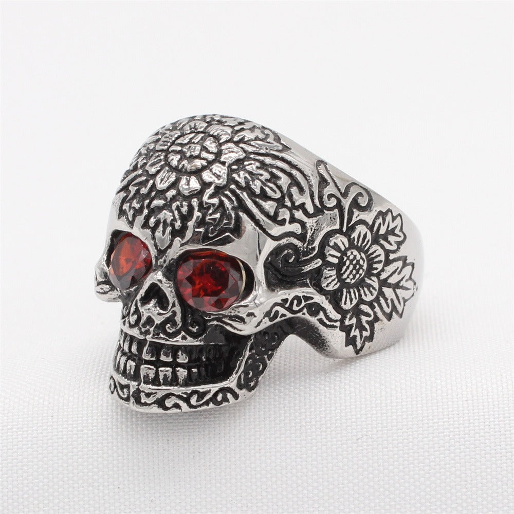 Kemstone Titanium Steel Skull Ring for Men with Red Cubic Zirconia Eyes R1786