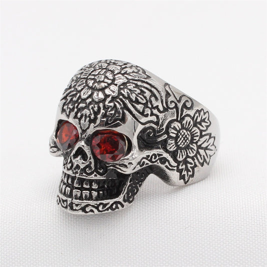 Kemstone Titanium Steel Skull Ring for Men with Red Cubic Zirconia Eyes R1786