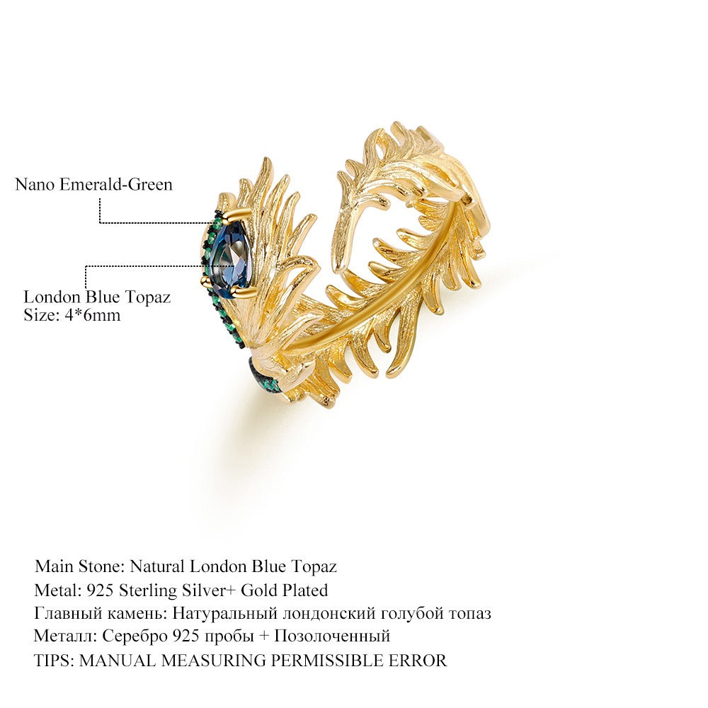 Anillo abierto ajustable con pluma de topacio azul Londres natural, diseño original, hecho a mano por Kemstone