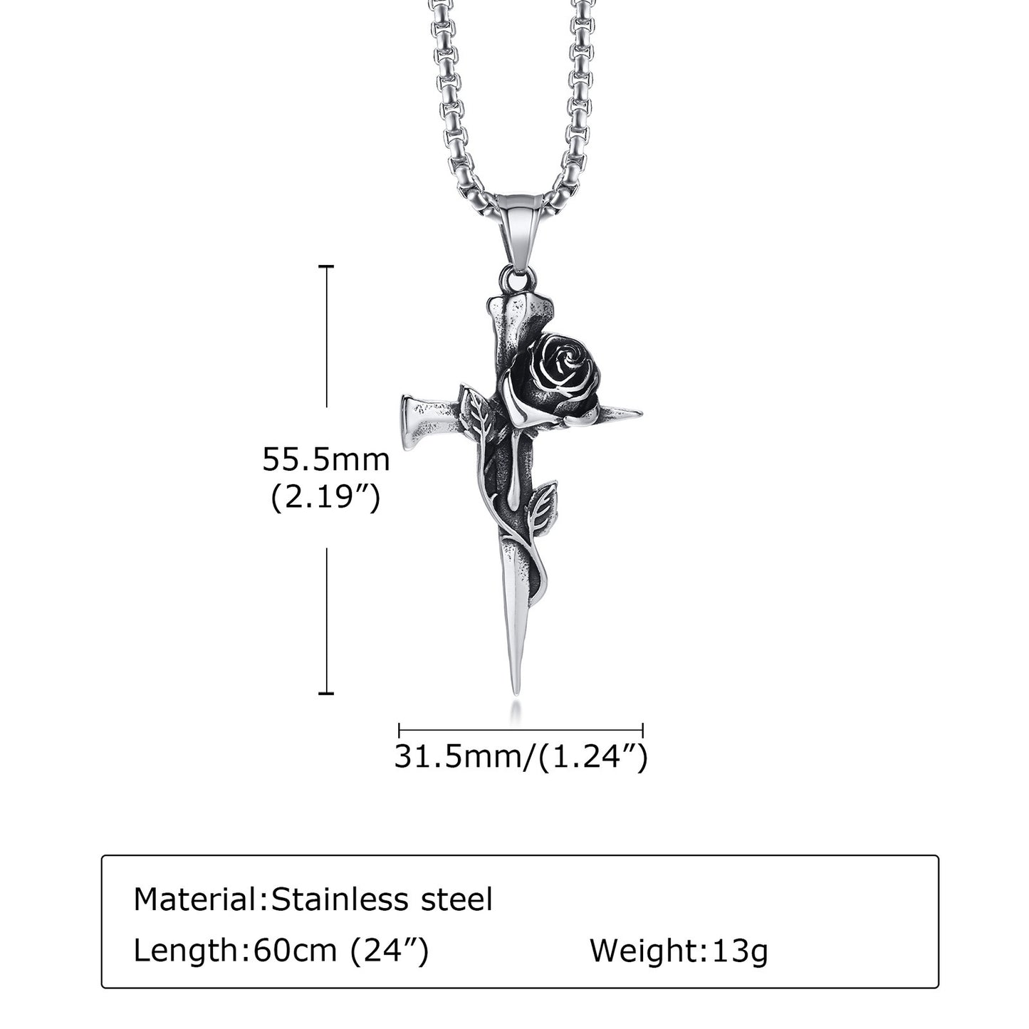 Kemstone Men’s Stainless Steel Necklace – Rose Cross Gothic Pendant PN-1870