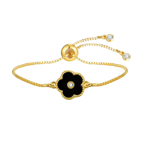 Black Floral CZ Accented Adjustable Box Chain Bracelet in Gold-Tone Copper — Bohemian Elegance for Modern Women PBR-038