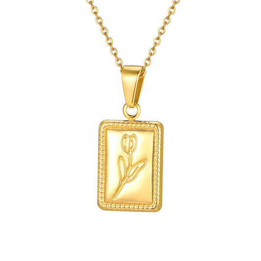 Handcrafted Stainless Steel Tulip-Pressed Square Pendant Necklace – Vintage Botanical Gold-Tone Jewelry for Women PN-2096
