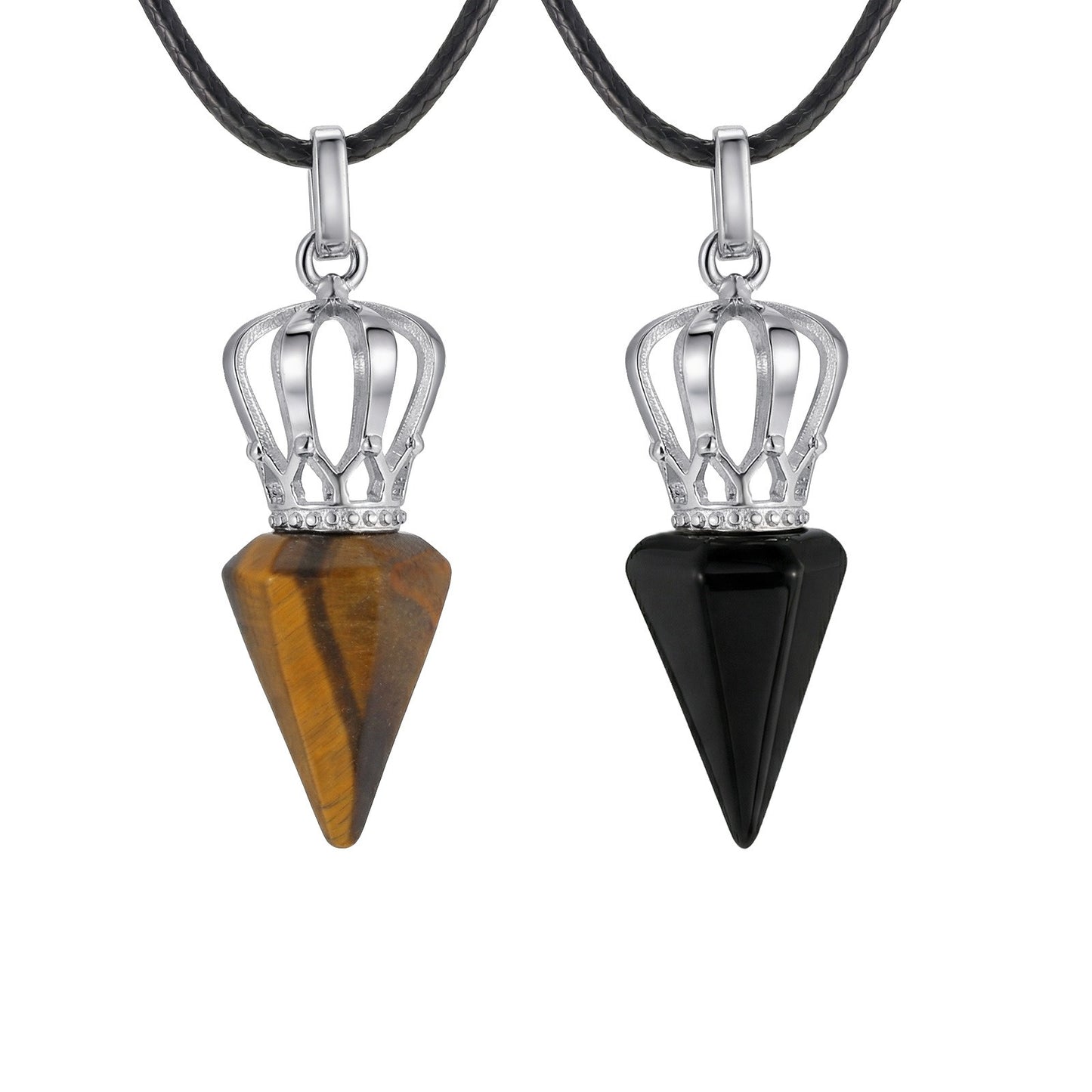 Kemstone Stainless Steel Bullet Tip Hexagonal Crown Tiger Eye Stone Pendant Necklace for Men PN-2286
