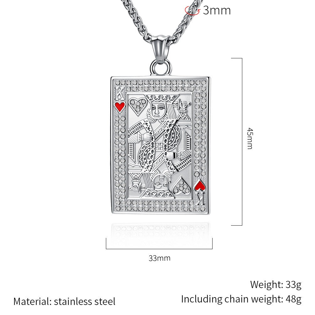 Kemstone Stainless Steel Playing Card Pendant Necklace for Men Women Iced Heart King K-PT719