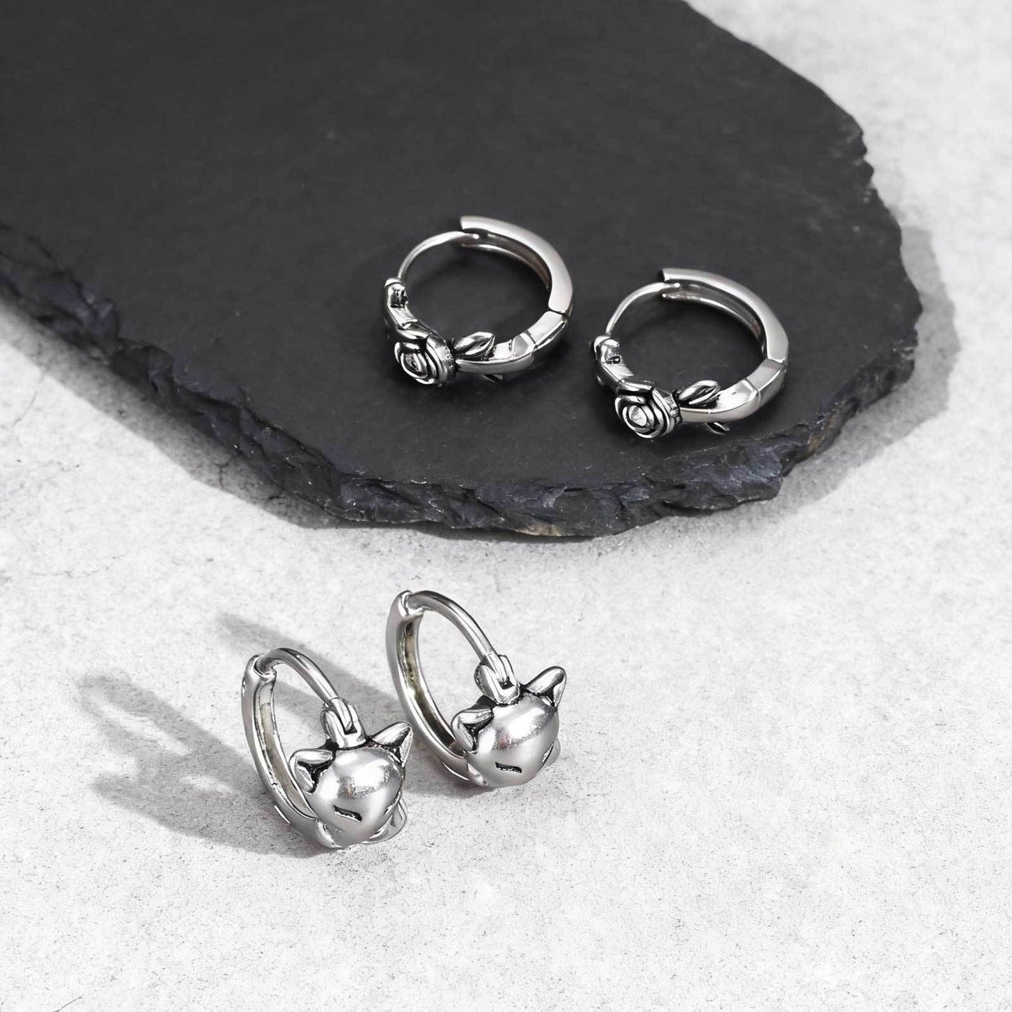 Kemstone Stainless Steel Fox Hoop Earring – Cubic Zirconia Rose Detail for Men & Women EH-821