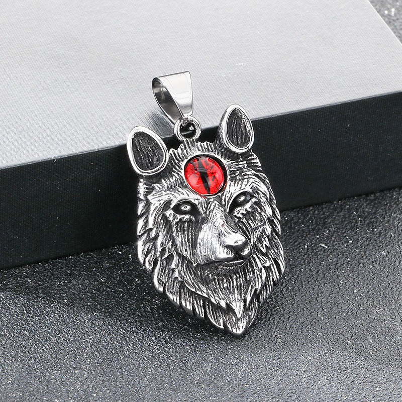 Kemstone Titanium Steel Wolf Head Pendant Necklace for Men – Eye Accent Detail KP117725-LU