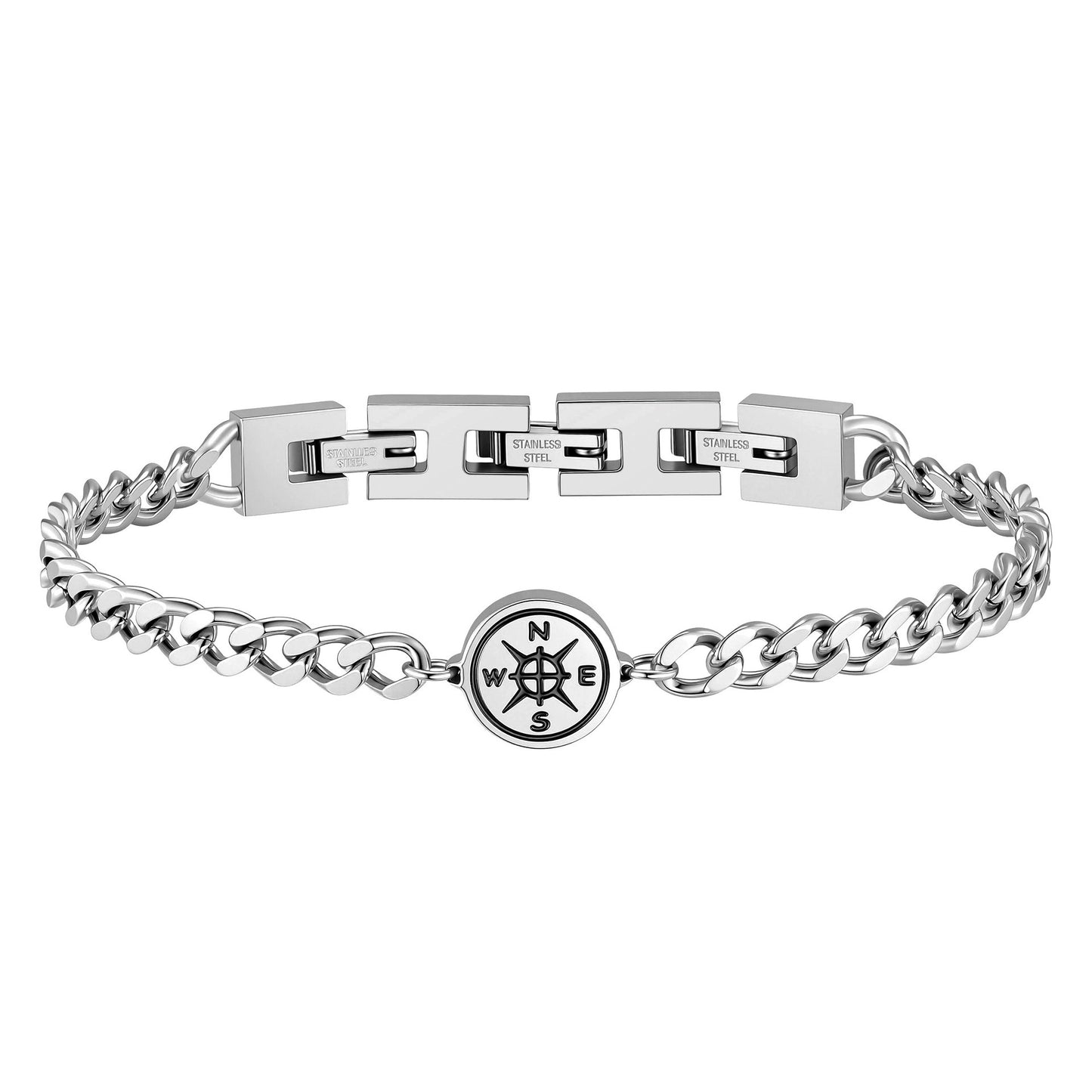 Kemstone Stainless Steel Compass Cuban Link Bracelet for Men Double H Clasp Silver BR-2210