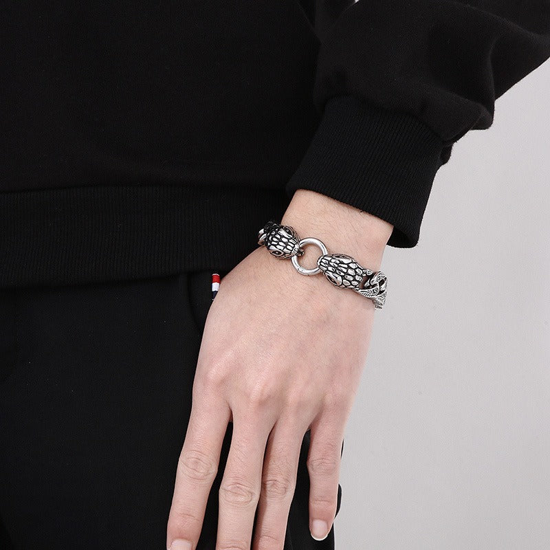 Kemstone Double Snake Head Bracelet – Titanium Steel Cuban Chain for Men | Gothic Punk Vintage Style KB161368-KJX