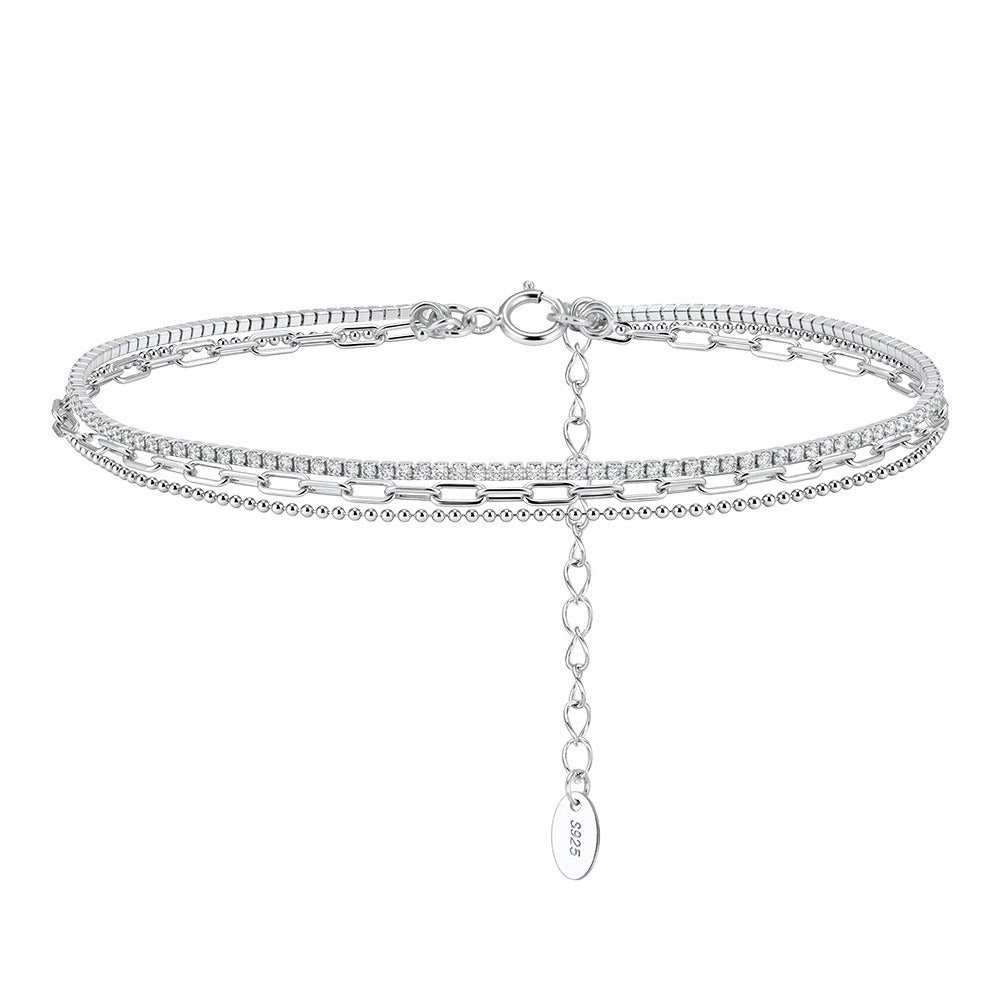 Kemstone 925 Sterling Silver Layered Tennis Anklet for Women Multi Chain Gold Silver SA104