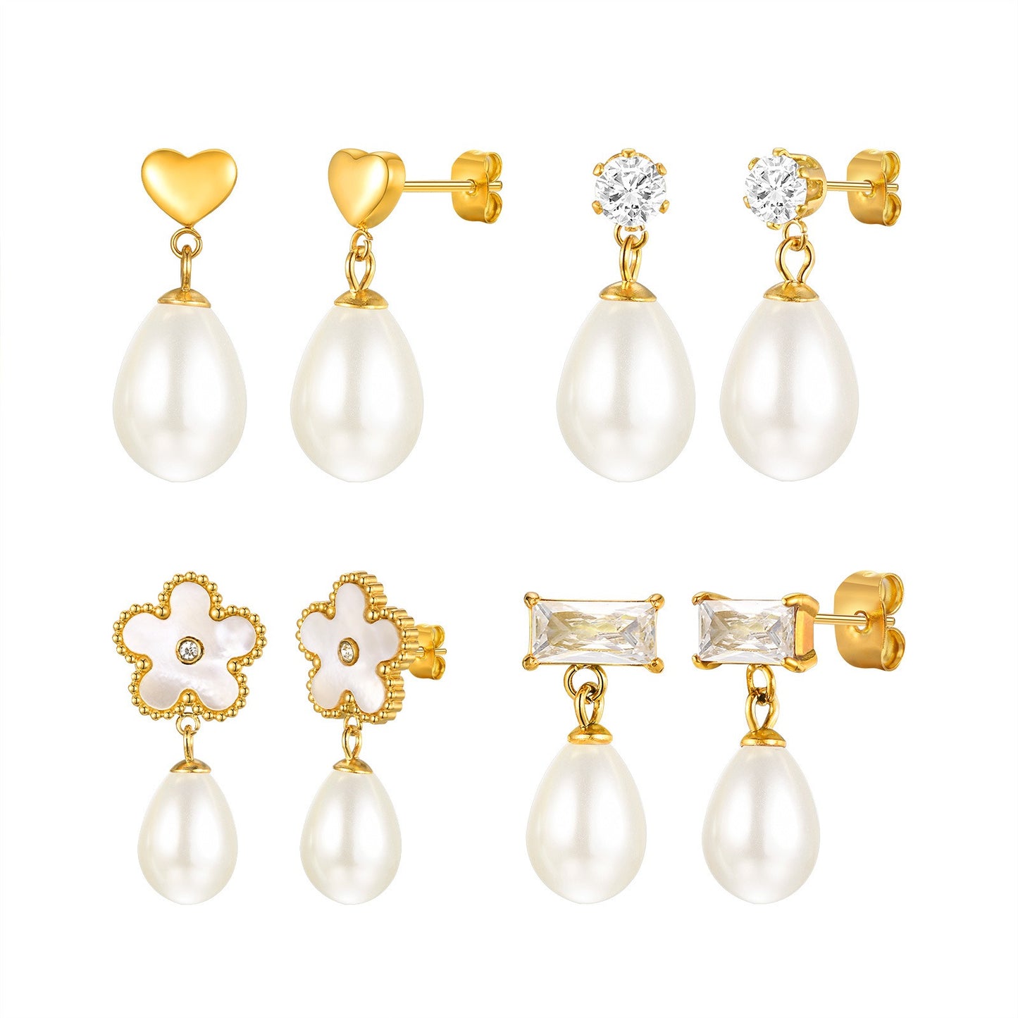 Orecchini Kemstone in acciaio inossidabile con catena floreale in zirconia e gocce di perle finte – Eleganza dorata per lo scintillio quotidiano ED-782