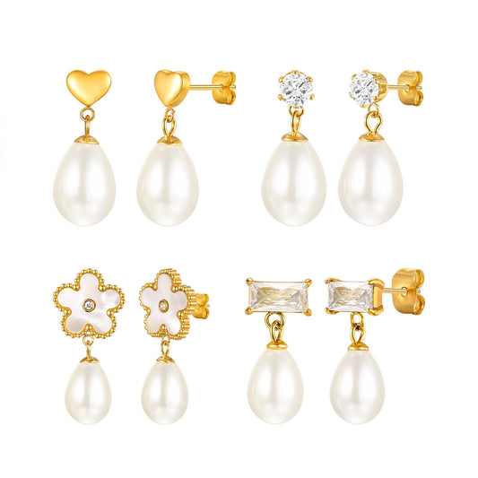 Pendientes Kemstone de acero inoxidable con circonitas y cadena floral con gotas de perla de imitación: elegancia dorada para un brillo diario ED-782