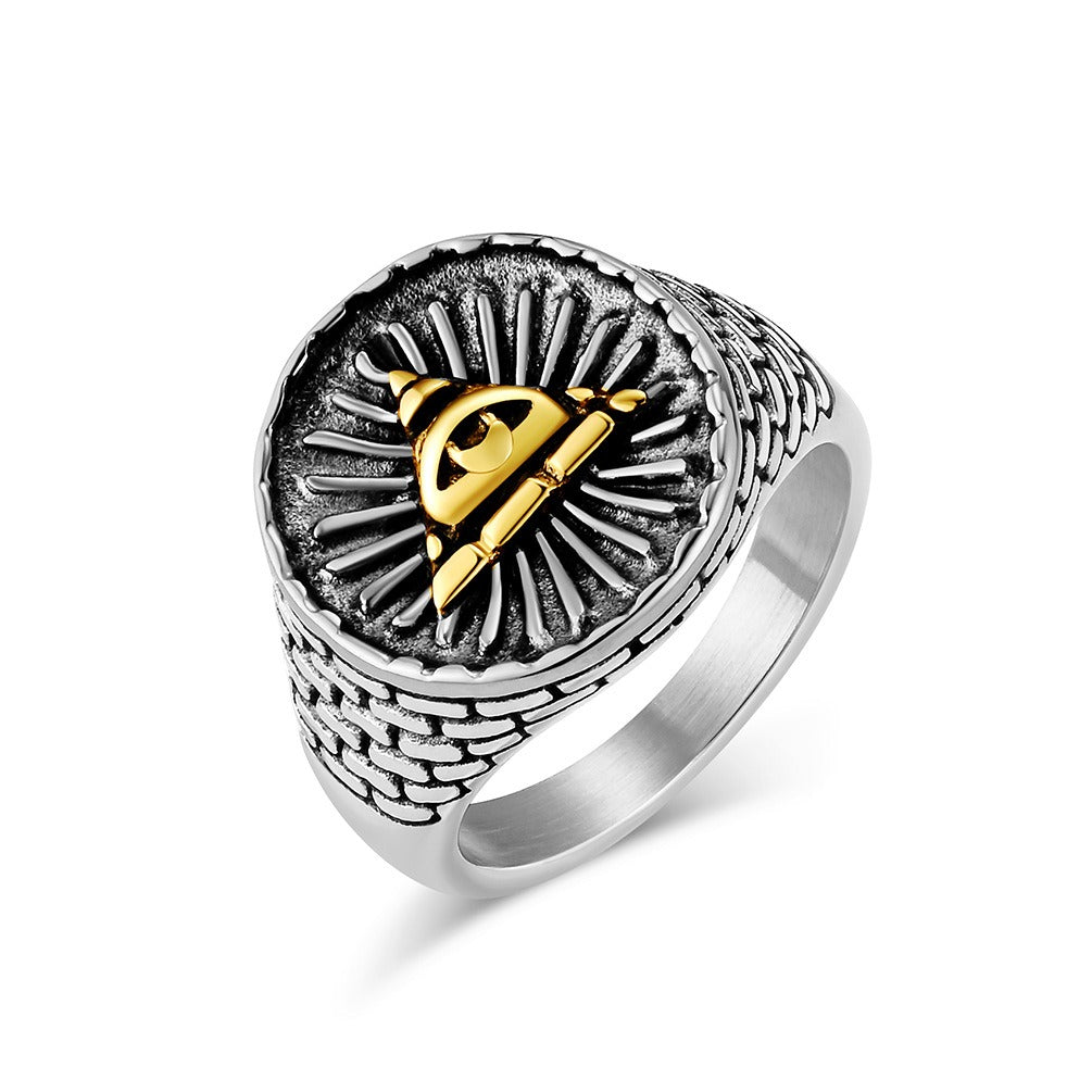 Kemstone Stainless Steel Triangle Eye Signet Ring for Men Vintage Textured K-R852
