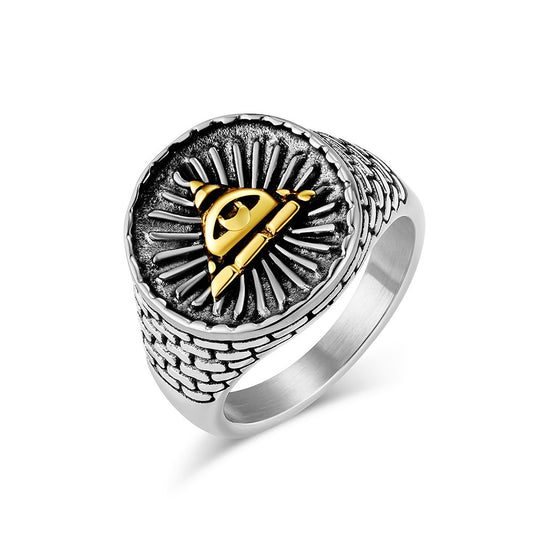 Kemstone Stainless Steel Triangle Eye Signet Ring for Men Vintage Textured K-R852
