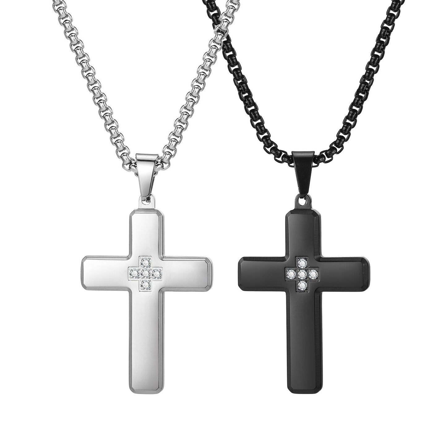 Kemstone Stainless Steel Cross Pendant Necklace with Cubic Zirconia Inlay for Men PN-2044