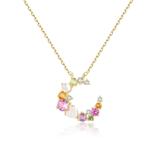 Kemstone Handcrafted Original Design “Moonlight Sonata” Necklace – 925 Sterling Silver Gold-Plated Crescent Pendant with Natural Multicolor Gemstones T7-OL1671NGRM