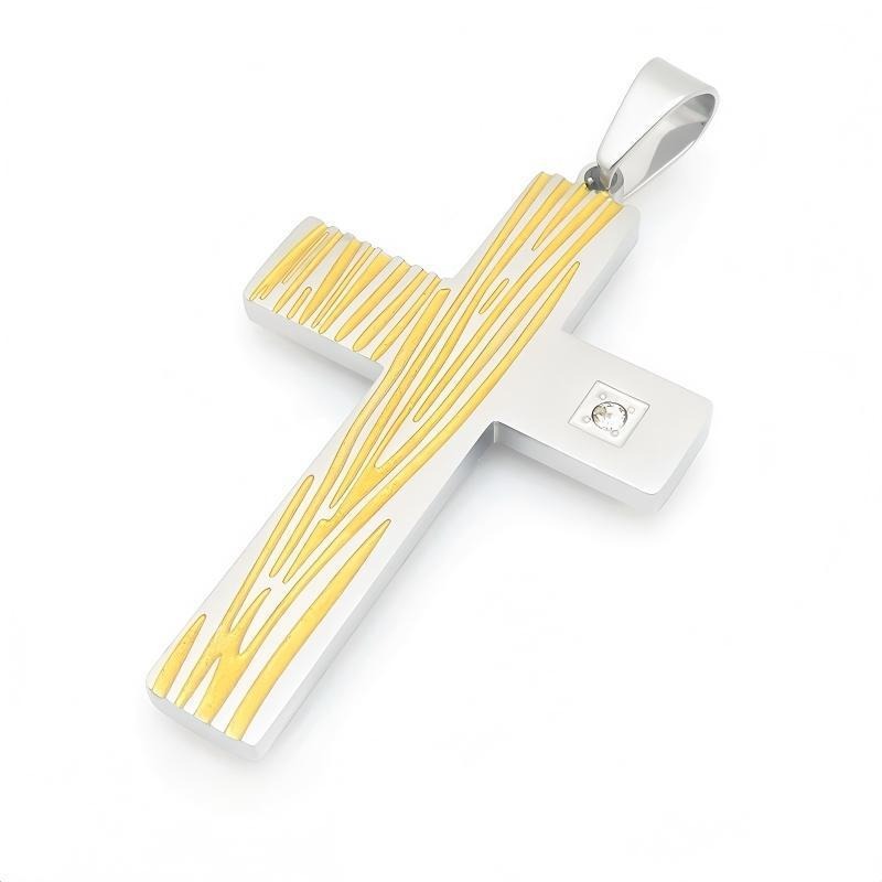 Kemstone Wood Grain Cross Pendant Necklace for Men Stainless Steel Cubic Zirconia Accent KP119491-HR
