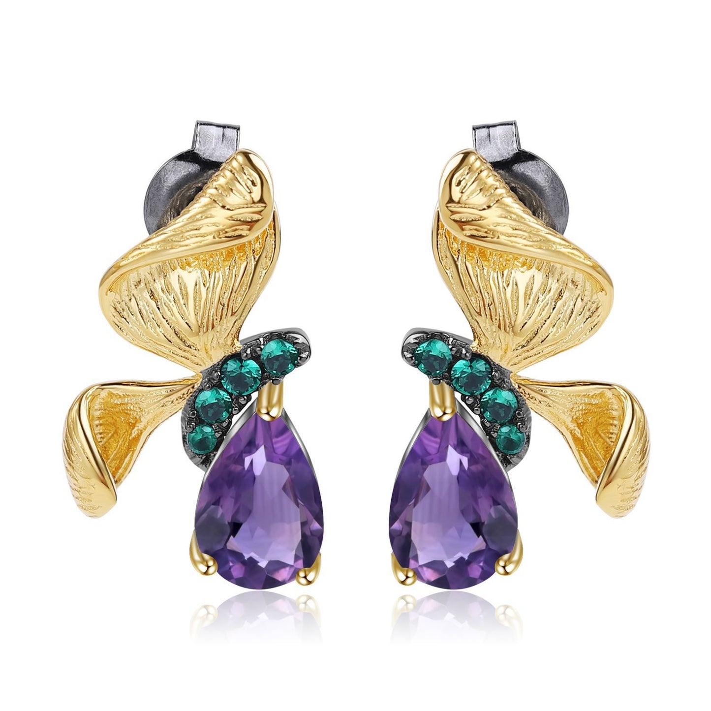 Schmetterlingsohrringe aus 925er Sterlingsilber mit smaragdgrünen Nanosteinen und 1,3 Karat violettem Amethyst 