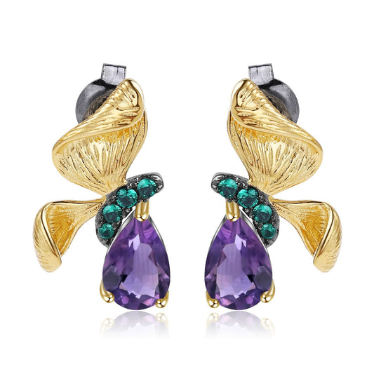 Schmetterlingsohrringe aus 925er Sterlingsilber mit smaragdgrünen Nanosteinen und 1,3 Karat violettem Amethyst 
