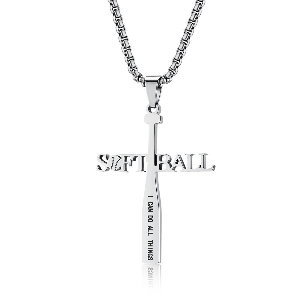 Kemstone Softball Cross Pendant Necklace for Men Stainless Steel Baseball Letter Detail K-PT512