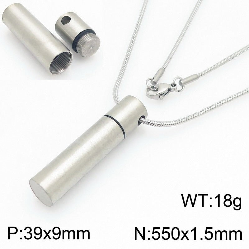 Kemstone Cylindrical Storage Necklace – Stainless Steel Screw-Cap Pendant for Men & Women KN299102-ZLA