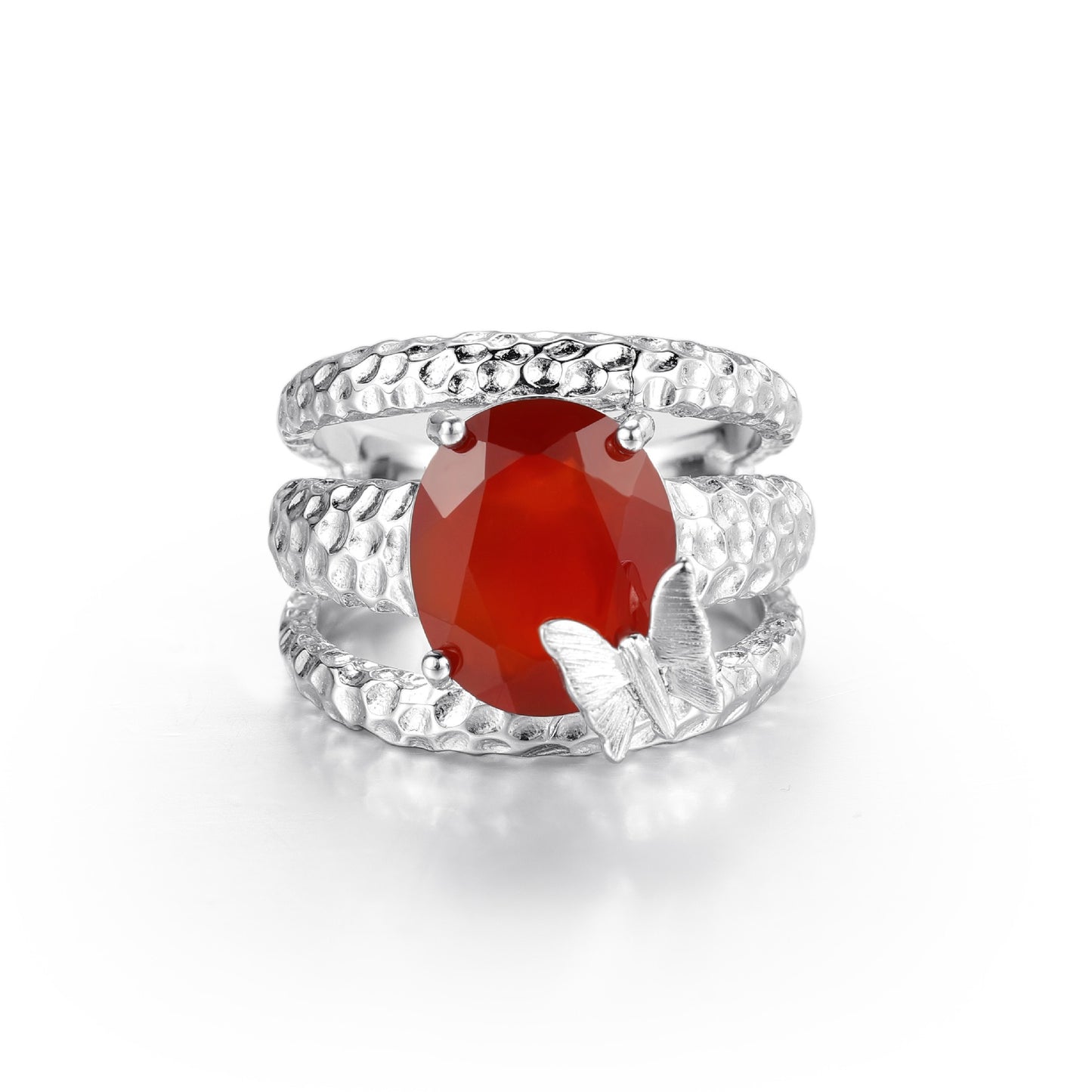 Anillo de plata de ley S925 con diseño original artesanal de Kemstone con ágata roja, aguamarina, calcedonia y piedras preciosas de cristal.