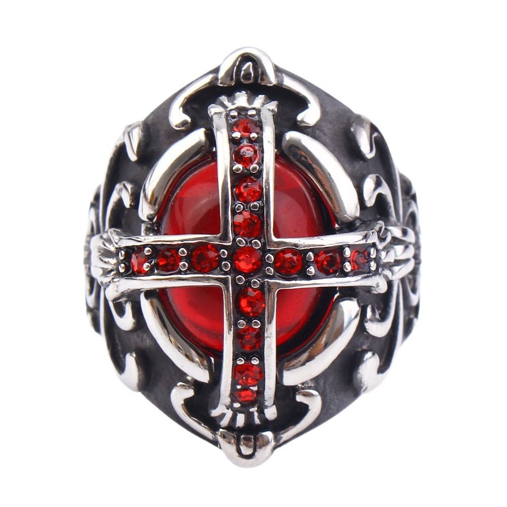 Kemstone Titanium Steel Red Cross Signet Ring for Men Vintage Gothic Stone TR0054