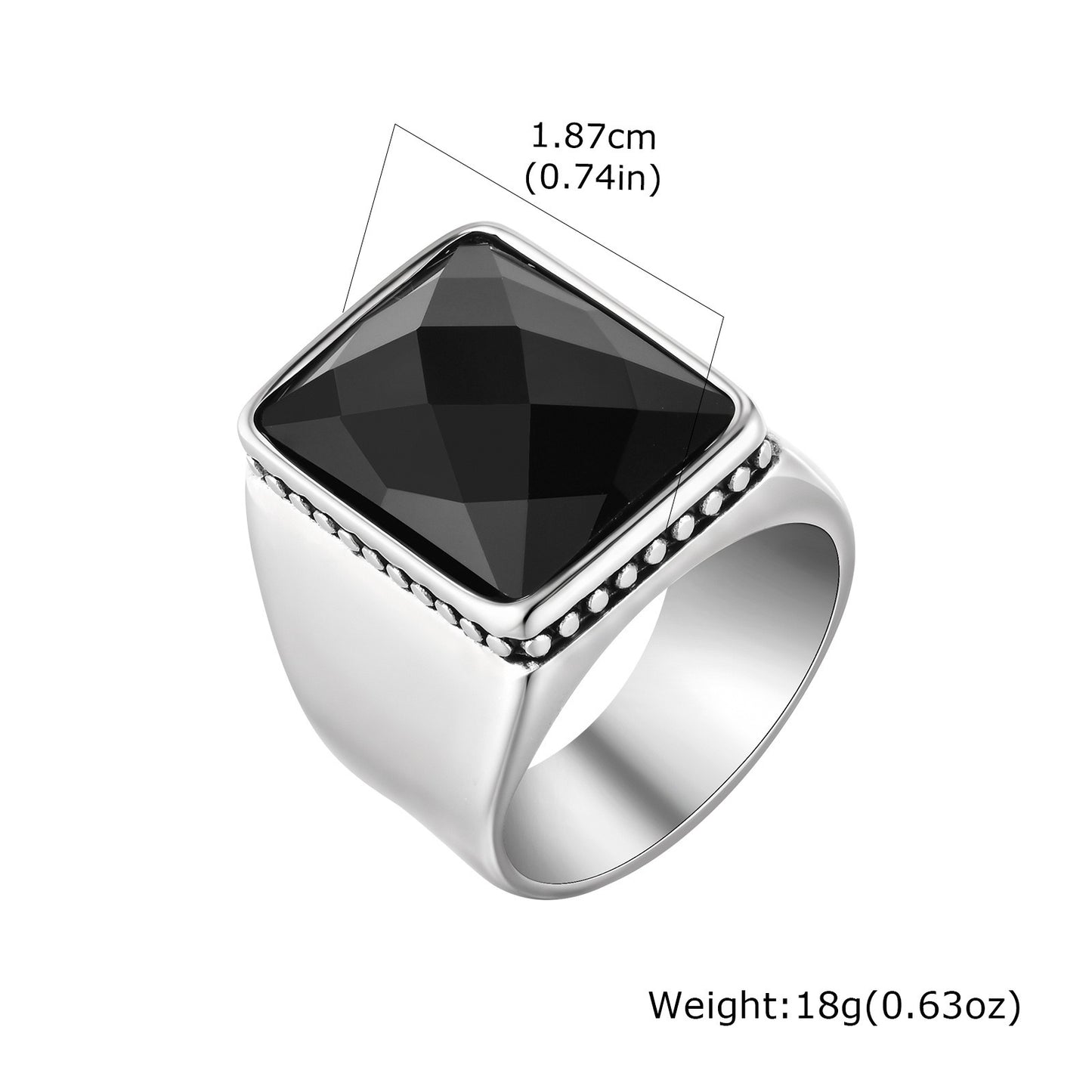 Kemstone Men’s Stainless Steel Ring – Faceted Black Glass Square Signet RC-923