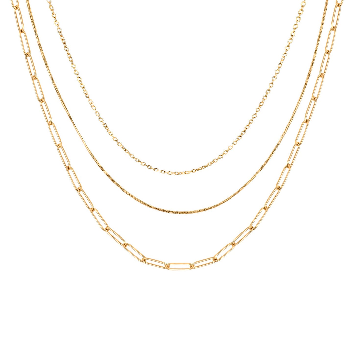 Triple-Layered Stainless Steel Necklace with Flat Cross, Snake & Square Chains – Modern Minimalist Jewelry for Women NC-1353