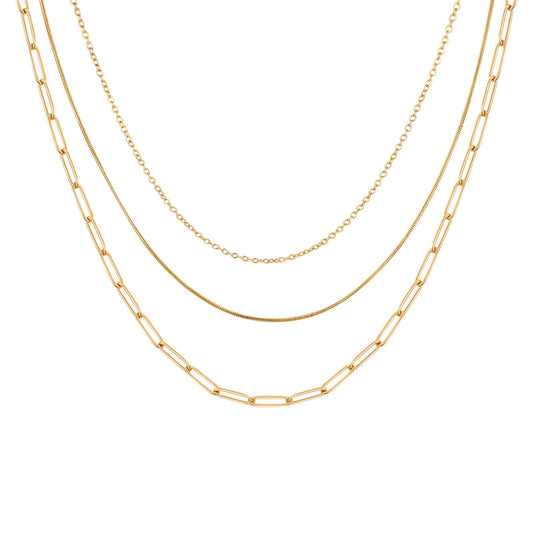 Triple-Layered Stainless Steel Necklace with Flat Cross, Snake & Square Chains – Modern Minimalist Jewelry for Women NC-1353