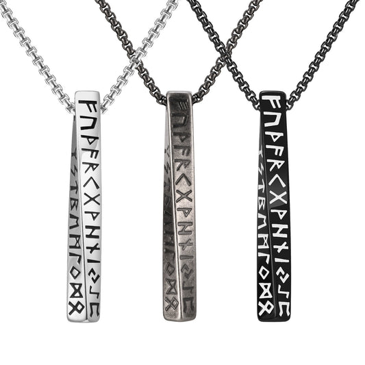 Kemstone Nordic Rune Bar Necklace – Stainless Steel Viking Pendant, Elder Futhark Engraving NC-1383