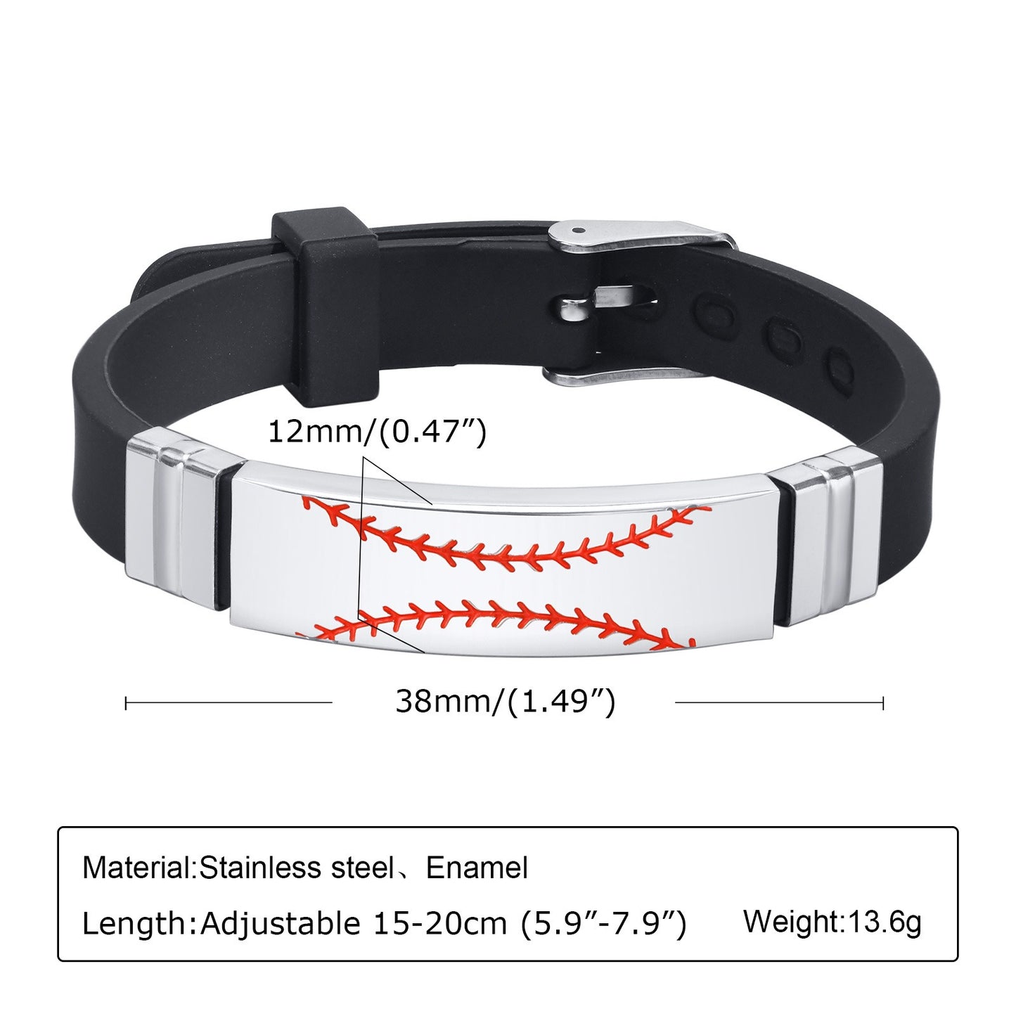 Kemstone Men’s Baseball Bracelet – Adjustable Silicone & Steel BS-105
