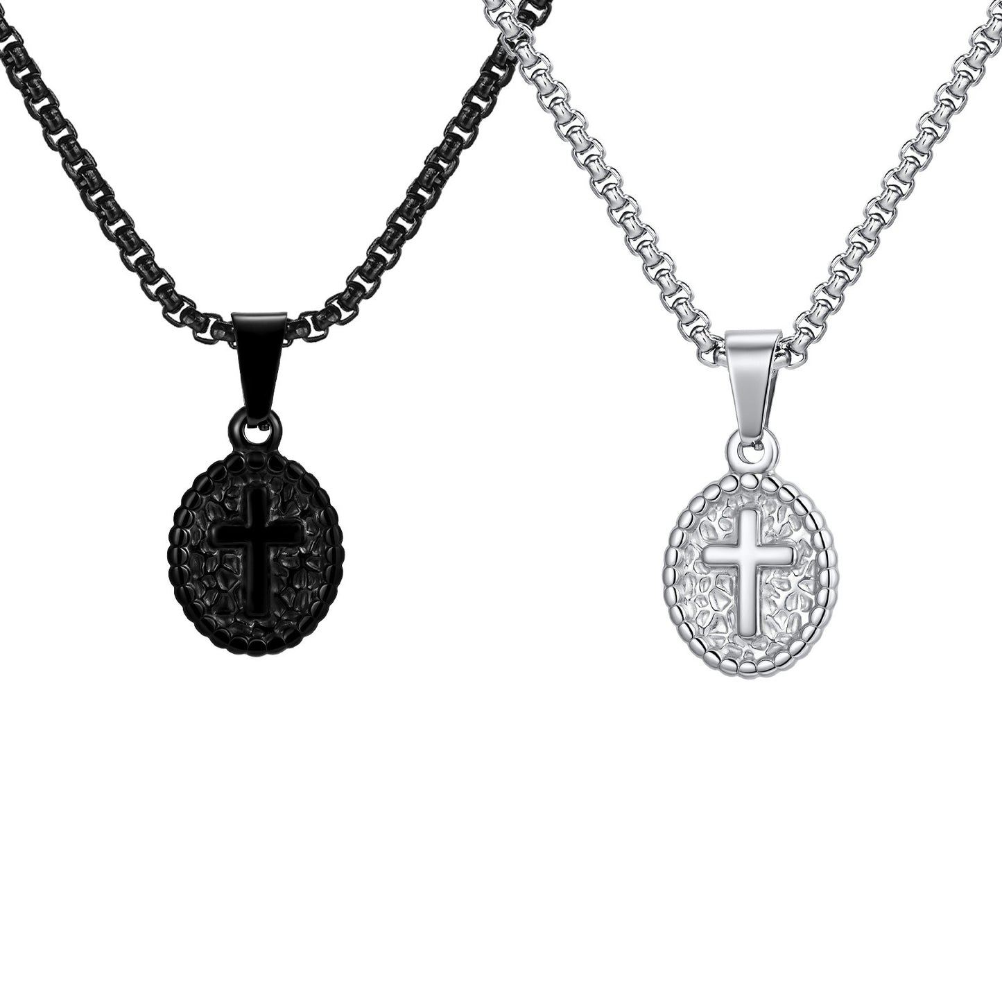 Kemstone Men’s Stainless Steel Cross Oval Pendant Necklace – Silver Black PN-2182