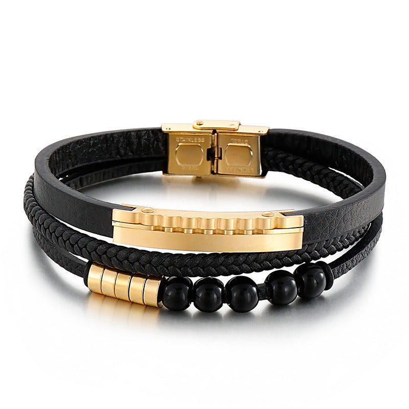 Kemstone Multi-Layer Braided Leather Bracelet for Men Beaded Titanium Steel KB147788-KLHQ