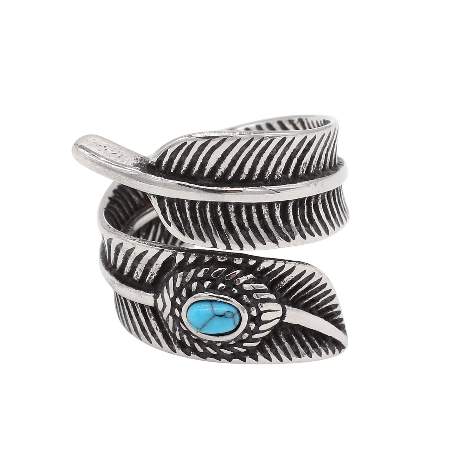 Kemstone Titanium Steel Feather Turquoise Ring – Vintage Tribal Style for Men R1922
