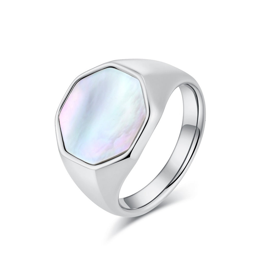 Kemstone Shell Inlay Ring for Men & Women Stainless Steel Hexagon Design K-R793