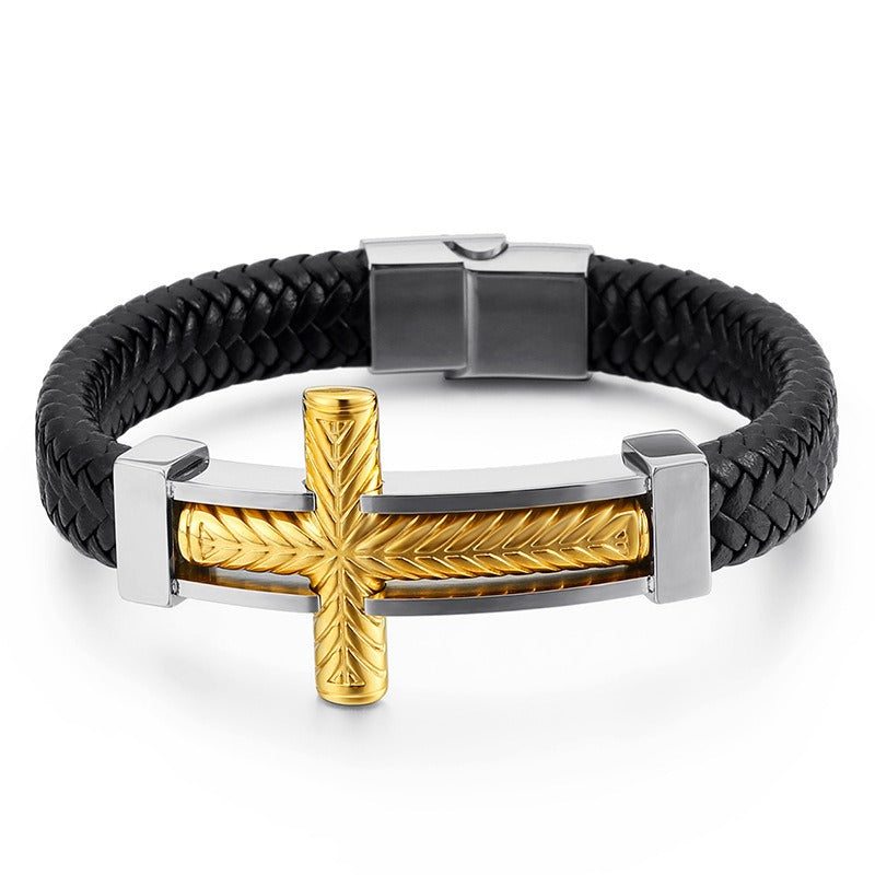 Kemstone Cross Leather Bracelet for Men Titanium Steel Braided Black Cord Design KB130233-KFC