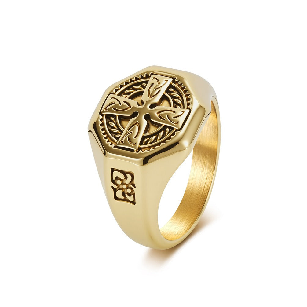Kemstone Stainless Steel Celtic Cross Ring for Men Vintage Knot Signet Nordic Style Silver Gold Black K-R1142