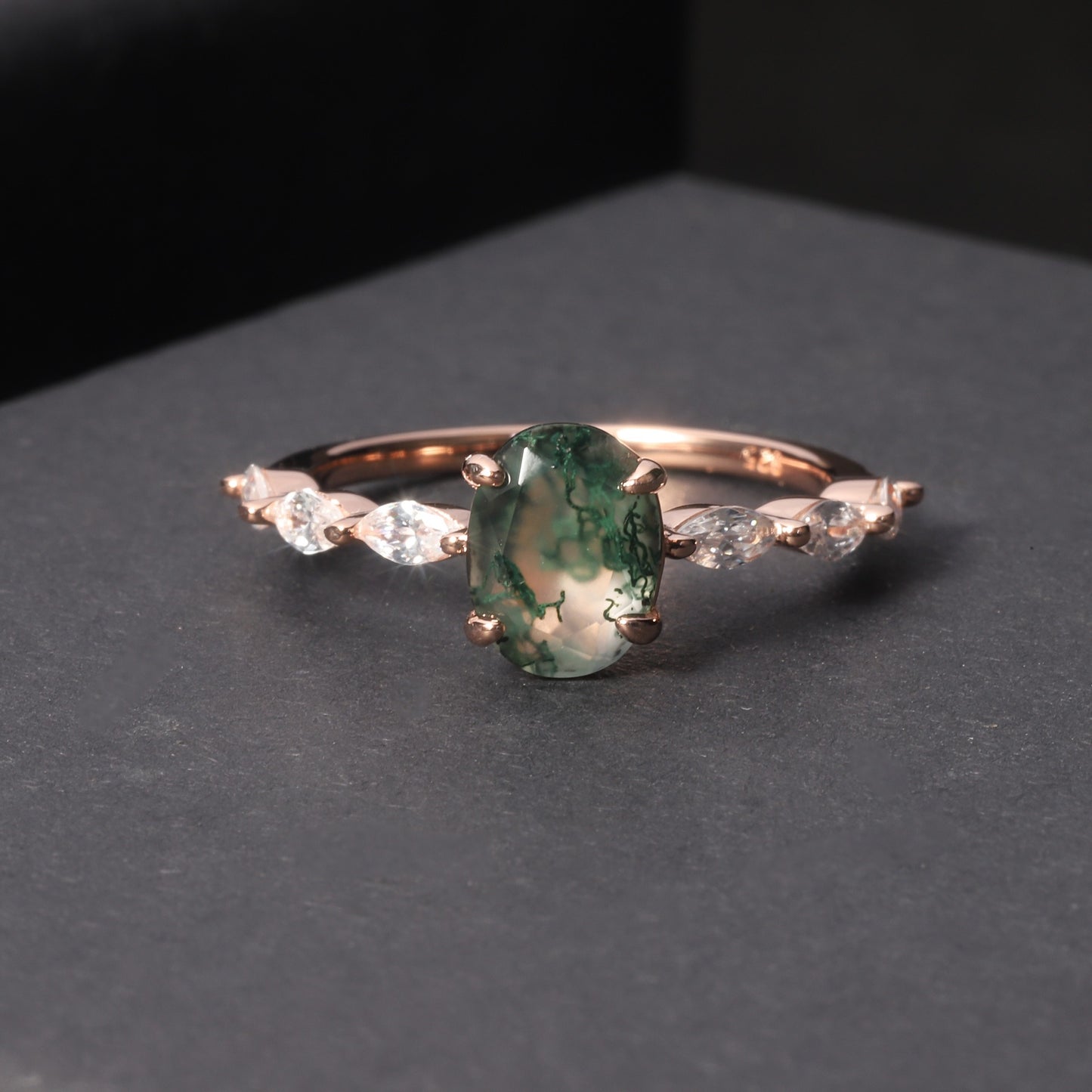 Anillo de compromiso de ágata musgosa de plata esterlina chapada en oro rosa de 18 quilates, diseño original artesanal de Kemstone