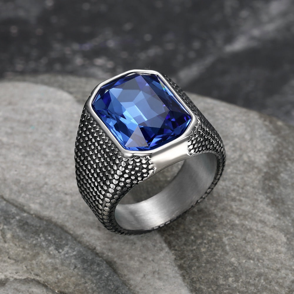 Kemstone Hip-hop Retro Distressed Zircon Men's Ring - Wide Band Stainless Steel Edgy Single Statement Piece TR0441