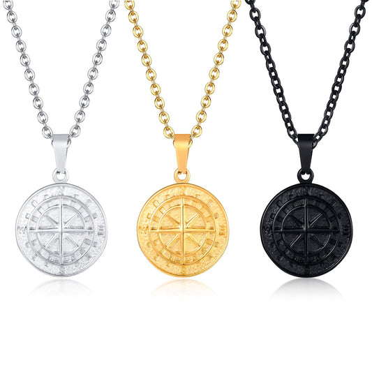 Collar con colgante de brújula y moneda de acero inoxidable Kemstone: un artículo esencial para el explorador urbano, ideal para la aventura diaria y el estilo hip-hop PN-1527