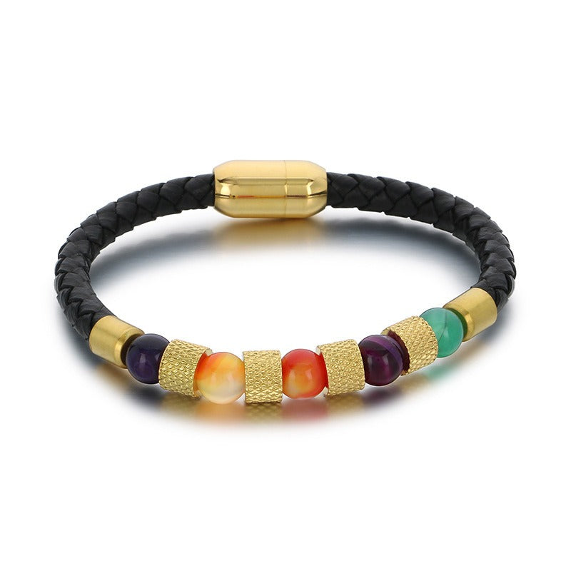 Kemstone Braided Faux Leather Quartz Bead Bracelet for Men KB179957-YA